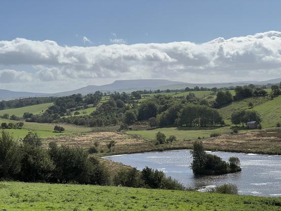A scenic view of rolling green hills, a small pond, and a cloudy sky in the background.