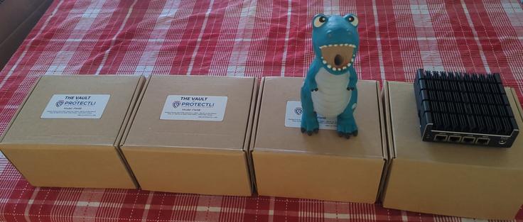 Four boxes of Protectli FW4B devices, with one device outside the box. Dinosaur dog toy for scale.