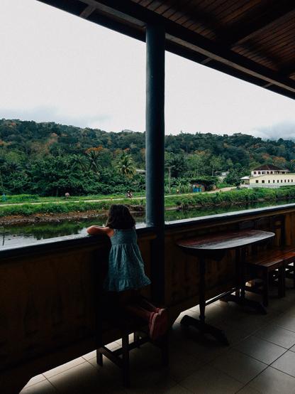 A young child wearing a blue dress leans over a balcony railing, gazing at a serene landscape with lush green trees and a small river. The child is standing on a chair under a covered outdoor patio with wooden furniture.