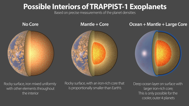 This illustration shows three possible interiors of the seven rocky exoplanets in the TRAPPIST-1 system. The figure on the left is labeled "No Core" with the text "rocky surface, iron mixed uniformly with other elements throughout the interior." The middle illustration is labeled "Mantle + Core" with the text "rocky surface, with an iron rich core that is proportionally smaller than Earth's." And on the right is a figure labeled "Ocean + Mantle + Large Core" with the text "Deep ocean layer on surface with larger iron-rich core; this is only possible for the cooler, outer 4 planets"