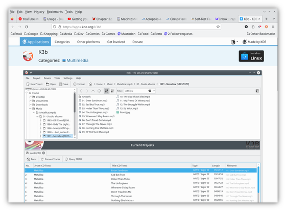 A screenshot of Firefox showing the product page for K3b