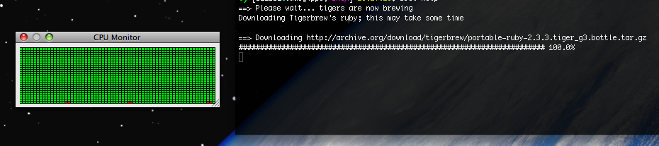 A screenshot of the CPU utilization window from activity monitor and a terminal window with a command being executed. The command is a Homebrew command which I needed to run right after the install of TigerBrew finished.