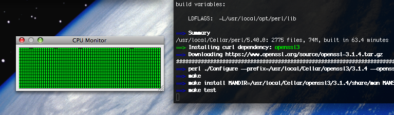 A screenshot of a CPU utilization graph from activity monitor and a terminal window running a command. The command in the terminal is a Homebrew command to install the shell tool, Curl. The install is in the middle of the compilation and testing of openssl3.