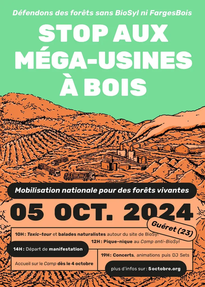 Affiche d’appel : Stop aux méga usines à bois... Illustrée par un dessin d'usine à bois.