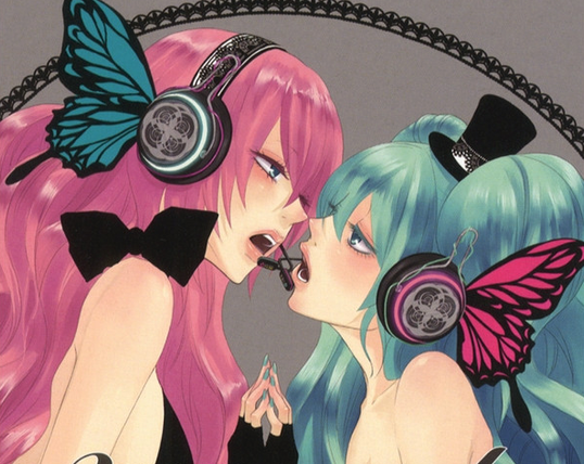 Cover of Magnet by Minato. Vocaloids Luka and Miku singing close to each other, nearly kissing.
