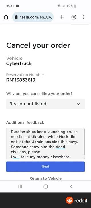 The image shows a mobile webpage prompting a user to cancel their Tesla Cybertruck order. It includes the reservation number and asks for the reason for cancellation, with an option for "Reason not listed." The user provides additional feedback: Russian ships keep launching cruise missiles at Ukraine, while Musk did not let Ukraine sink this navy. Someone show him the dead civilians, please. I will take my money elsewhere.