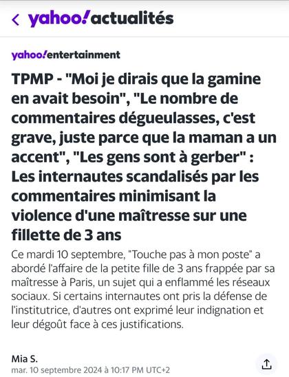 article Yahoo revenant sur une émission de tpmp dans lequel les spectat.eurs.rices se sont indigné. e.s de commentaires justifiant la violence de la maitresse sur une enfant de  3 ans