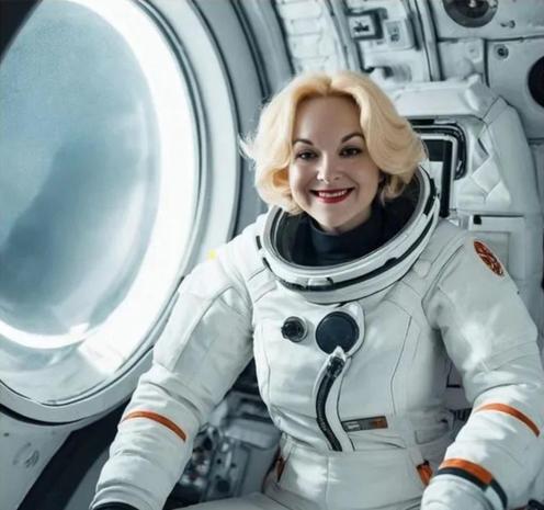 An AI generated image of a heavily idealized (!?)  Judith Collins wearing a SpaceX spacesuit in a spacecraft.