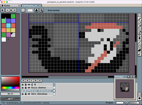 Comincia a prendere forma "Bepi la pantegana di Venezia": in uno sprite 32x16 realizzato con Aseprite c'è un grosso ratto grigio con un cappello ed un remo rosso, a bordo di una gondola nera. Anche se per ora assomiglia di più ad uno Snoopy in gondola.