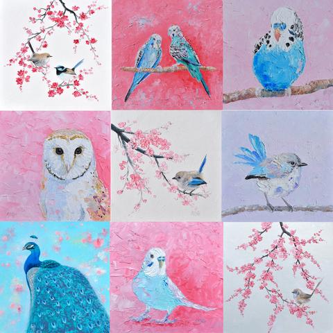 A small collection of 9 birds, including budgerigars, owl, wrens and peacock in shades of pink and blue from my Bird Painting Gallery.
