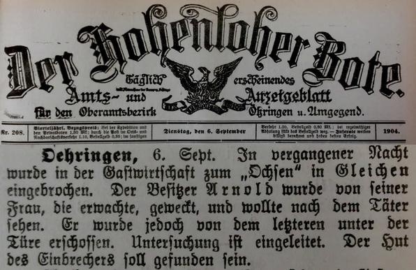 Zeitungsmeldung aus dem JAhr 1904 im Hohenloher Boten zur "Bluttat von Gleichen"