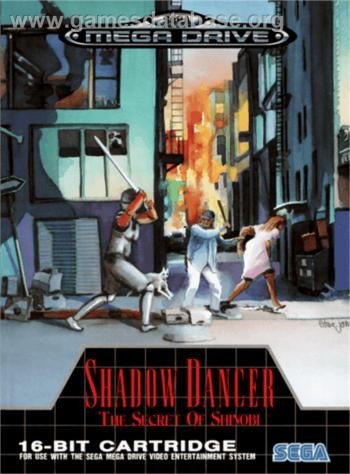 Portada de Shadow Dancer de Mega Drive. Aparece ninja atacando a un "maleante" que retiene a una mujer. A su lado su perro.