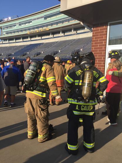 Color of first responders preparing for the 911 Memorial Stairclimb, Akron, Ohio, USA, September 11, 2021, commemorating the victims of the 9/11 terrorist attacks in NYC, the Pentagon, and Shanksville, Pennsylvania.