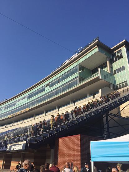 Color of first responders climbing the stadium stairs in Infocision Stadium in full turnout, for the equivalent of 110 floors of the World Trade Center Towers, for the 911 Memorial Stairclimb, Akron, Ohio, USA, September 11, 2021, commemorating the victims of the 9/11 terrorist attacks in NYC, the Pentagon, and Shanksville, Pennsylvania.