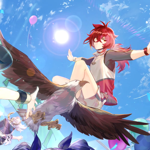 Cropped illustration. Diluc from Genshin Impact, in track and field sports attire, has open arms and bent knees in a surfing positon while his feet are on the back of a soaring bald eagle.