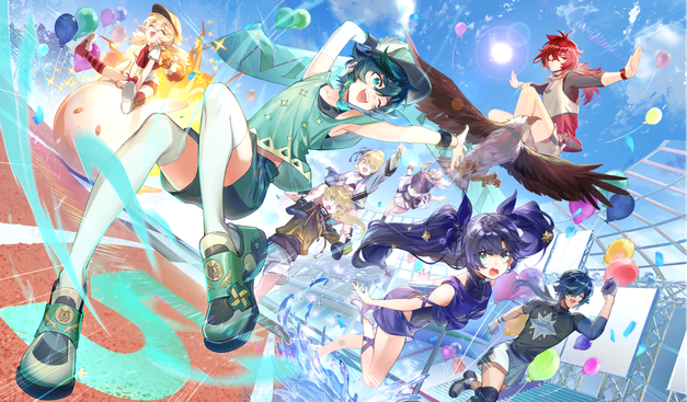 The full illustration, a sporting event where multiple characters are in a foot race. From left to right: Klee moves ahead seated on top of a large Dodoco. Venti happily takes the lead using wind powers. Aether, a fair distance behind, runs with Lumine sitting on his shoulders. Paimon floats near them. Diluc surfs on the back of a soaring eagle with a determined expression. Mona, coming out of her water dash, looks upset that Venti has overtaken her. Kaeya runs on foot with a closed-eyed happy smile.