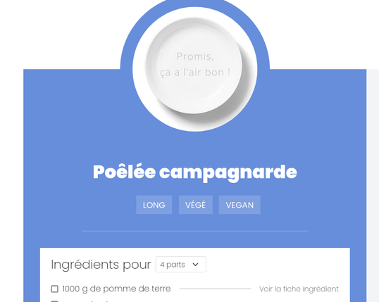 La fiche d'une recette de Poêlée campagnarde : elle a désormais de superbes tags, tels que "Long", "Végé" et "Vegan"