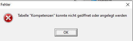 Screenshot: Fehlermeldung: Tabelle "Kompetenzen" konnte nicht geöffnet oder angelegt werden"