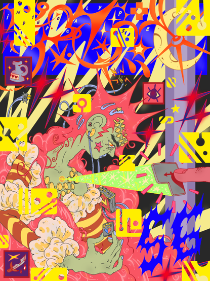 Brightly colored cover for indiepocalypse with an enter key shooting a laser towards someone's chest