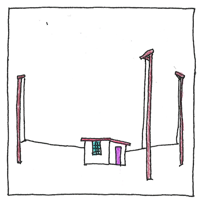 A hut (with a window and a door) in the middle between three masts. Wires run from the hut to to run from the base to the tops of the poles.