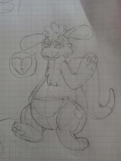 A line sketch of a pear-shaped amphimorpho plushie looking at the viewer and waving. There is a speech bubble containing a stitched together heart. The plushie has a fully opened zipper pouch on their belly, and button eyes marked in a way to imitate sleepy eyes.