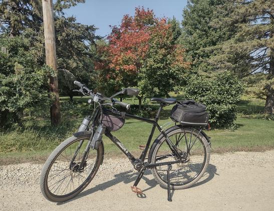 A black bicycle posed on the edge of a gravel road in front of a grassy field of trees. One of the trees has leaves that have started to turn fall colors. One half of the leaves are red, one have are green sprinkled with leaves turning.