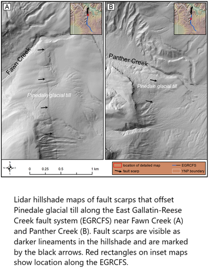 maps - Lidar hillshade maps of fault scarps that offset Pinedale glacial till along the East Gallatin-Reese Creek fault system (EGRCFS) near Fawn Creek (A) and Panther Creek (B). Fault scarps are visible as darker lineaments in the hillshade and are marked by the black arrows. Red rectangles on inset maps show location along the EGRCFS.
