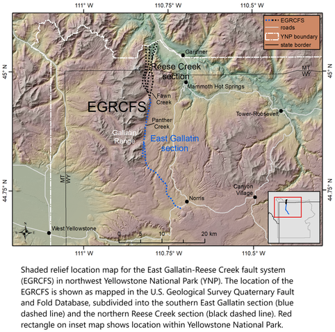 map - Shaded relief location map for the East Gallatin-Reese Creek fault system (EGRCFS) in northwest Yellowstone National Park (YNP). The location of the EGRCFS is shown as mapped in the U.S. Geological Survey Quaternary Fault and Fold Database, subdivided into the southern East Gallatin section (blue dashed line) and the northern Reese Creek section (black dashed line). Red rectangle on inset map shows location within Yellowstone National Park.
