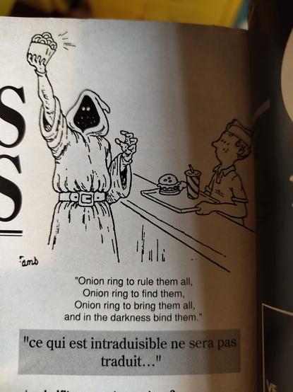 C'est un dessin de Sauron dans un vieux magasine de jeux de rôle. Ce dernier commande des Onion Ring dans un fast food et qui ne peut s'empêcher de dire : "Onion ring to rule them - Onion ring to find them - Onion ring to bring them all - and in the darkness bind them.

La légende du magazine précise : ce qui est intraduisible ne sera pas traduit.