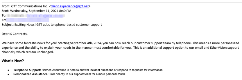 Screenshot of an email from "GTT Communications Inc".

Subject: Exciting News! GTT adds telephone-based customer support