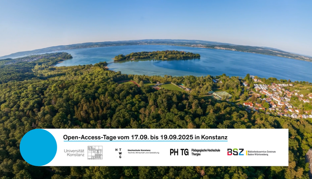 Foto des Bodensees im Hintergrund, im Vordergrund ein Banner auf dem das Datum der nächsten Open-Access-Tage und die Gastgebenden stehen