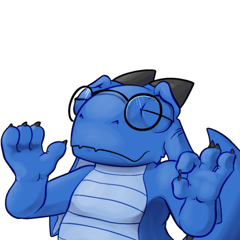 A blue-scaled kobold with round glasses is mimicking the 'Pacha Pose' from Emperor's New Groove.