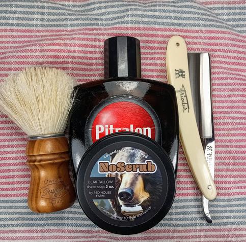 A tub of Red House Farm NoScrub soap with Pitralon, a SOC boar brush and a chonky Frio 17