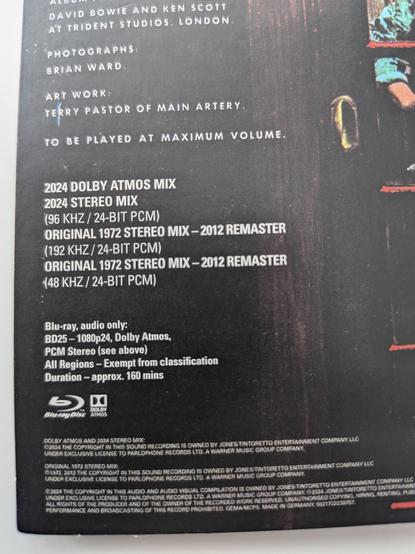 A closeup of the back cover of the album. It lists the listing options available. 

2024 Dolby Atmos Mix
2024 Stereo Mix (96 KHZ / 24-BIT PCM)
Original 1972 Stereo Mix - 2012 Remaster (192 KHZ / 24-BIT PCM)
Original 1972 Stereo Mix - 2012 Remaster (48 KHZ / 24-BIT PCM)