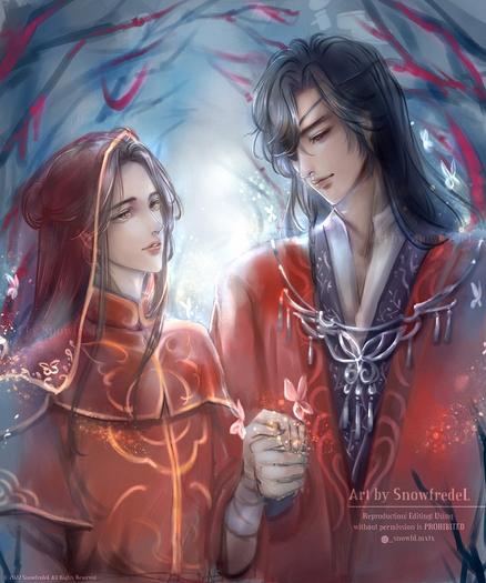 Hua cheng and Xie lian Hualian fanart from TGCF heaven official's blessing chinese danmei novel by mxtx illustration the red wedding outfit scene