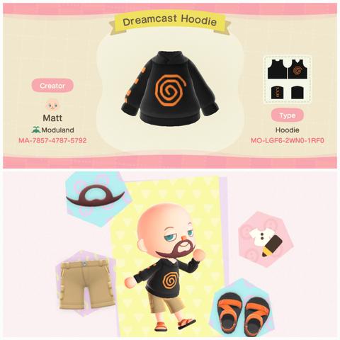 Collage of two Animal Crossing: New Horizons screenshots stacked vertically. he upper screenshot is a custom design portal screenshot showing a black hoodie with an orange spiral in the center. Along the arms are orange numbers to look like 9.9.99. The design is from Matt from Moduland with the designer ID of MA-7857-4787=5792. The hoodie, called "Dreamcast Hoodie," has a Design ID of MO-LGF6-2WN0-2RF0. The lower image shows the clothing changing screen with a bald, bearded human wearing that hoodie with khaki shorts and black sandals with orange straps.