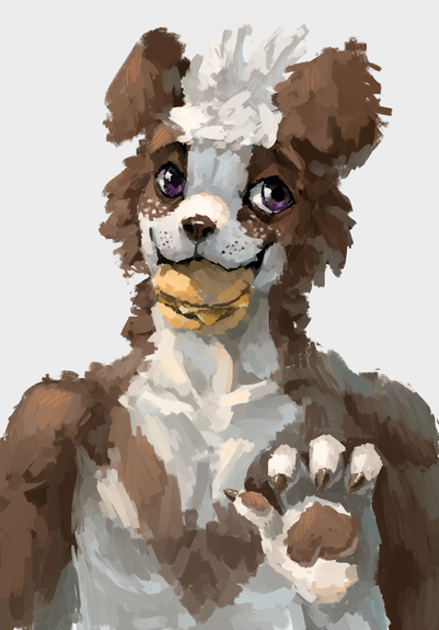 Art of an happy anthro dog holding burger in his mounth and raising his paw. The background is white, the dog is white and brown