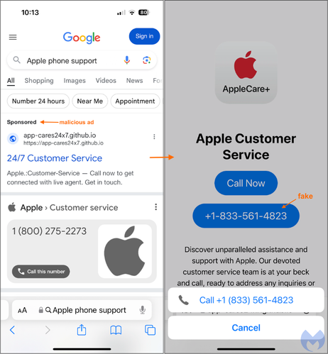 A Google search for Apple phone support shows a malicious ad, followed by a fake Apple customer service page.
