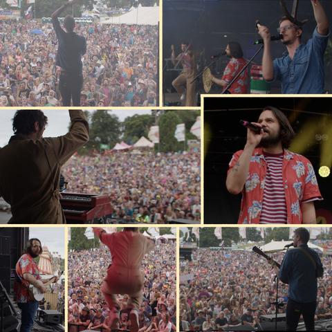 A montage of photographs taken from a TLJ festival appearance. From top left to bottom right - JD stands before a crowd, left arm raised above his head. 
The band are shown from stage right, each holding props (JD with an anchor, Andy with a metal plate, Robbie with a chair), being hit for percussion.
Robbie is playing the harmonium, with his right arm raised, the crowd is out of focus in the background.
Andy, shown from the front, wearing a red Hawaiian shirt, singing.
Andy again, this time playing the banjo, looking to his right at the camera with a bemused expression.
An action shot of Robbie jumping as he performs to the crowd.
JD from behind, singing and playing the guitar.