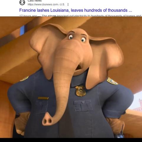 Image featuring a quote from CBS News detailing Hurricane Francine destruction shown above Francine the elephant from Zootopia.