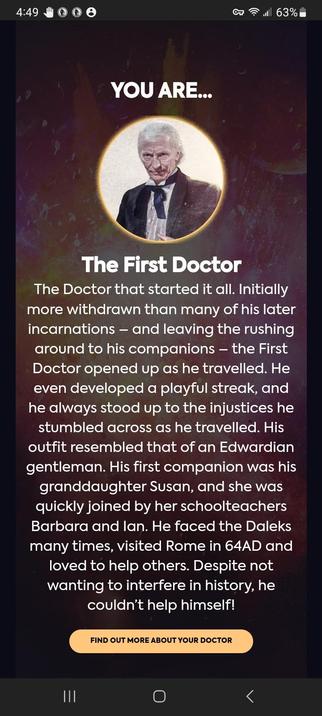 results of a BBC Which Doctor are you quiz displaying The First Doctor