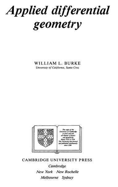 Book cover: "Applied differential geometry" by William L. Burke (U. of California, Santa Cruz, Cambridge University Press)