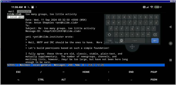 View of an android phone running a terminal application. The application is showing a post in a newsgroups server.