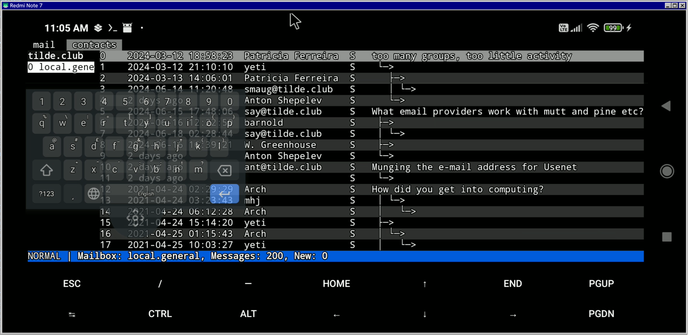 View of an android phone running a terminal application. The application is showing a list of posts in a newsgroups server.