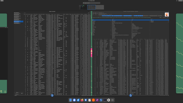 QuodLibet with playlist and paned browser windows.