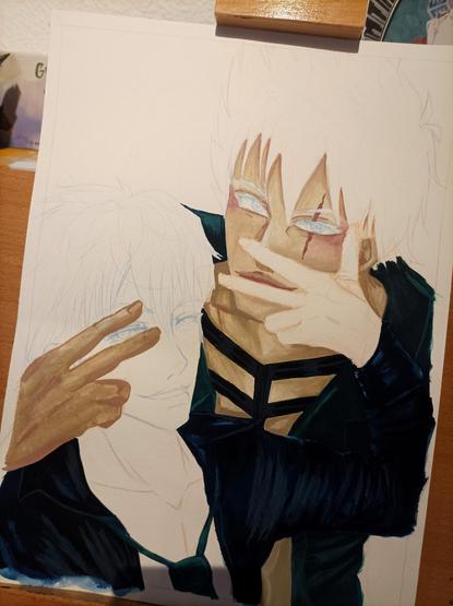 WIP of my Kakashi/Gojo fanart. Painted in gouache.