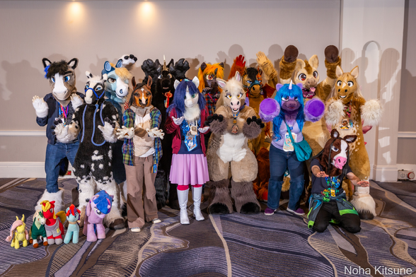 This is a group photo of thirteen fursuiters at ConFuzzled 2024, comprised of an assortment of horses, ponies, unicorns, and pegasi, with a handful of plushies off to the side for good measure. In the back row specifically there's a blue pegasus looming with left arm raised, behind and over a black and white hornless unicorn in the front row.