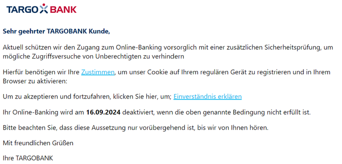 Screenshot einer Phishing-Mail im Namen der Targobank