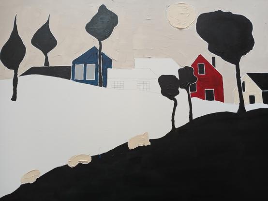 Schilderij - in wording - van een landschap