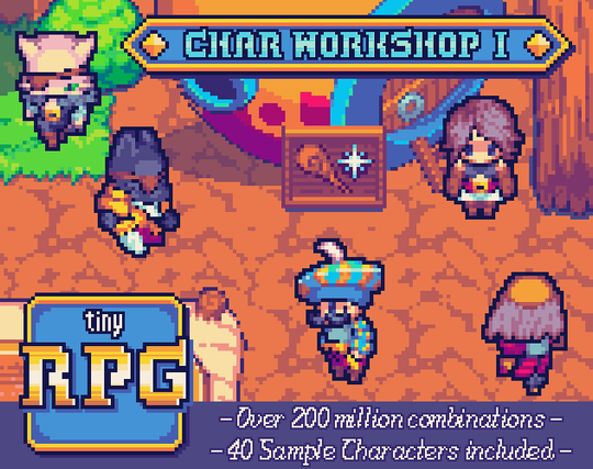 A cover for the Tiny RPG - Char Workshop asset pack. On the cover we can see two catfolk characters, one black, another one white, both have an eyepatch on their right eyes. On the right we can see 3 humans, one dresses as a landsknecht, the other as a balding samurai and the third one looks like a merchant of sorts. Everything is colorful and quite bright. The text on the bottom says "Over 200 million combinations, 40 sample characters included"